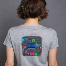 Generate a neon artsy design on the back of a gray t-shirt aimed at electronics engineering, integrated with cute sticker-like elements. These elements could include mini caricatures of electronic components, or other tech-related 'stickers' glowing in neon.