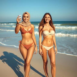 Two white-skinned women standing together on a sandy beach