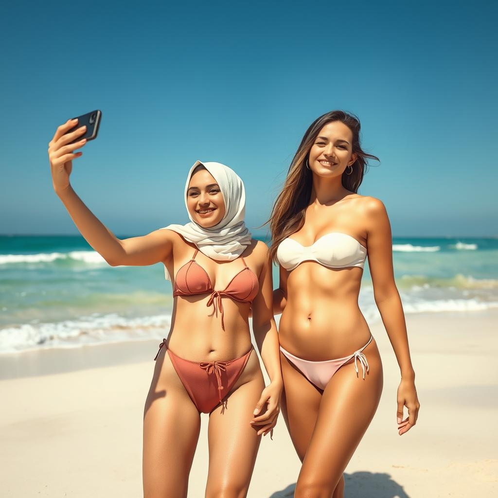 Two white-skinned women standing together on a sandy beach