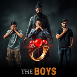 A dramatic cinematic film poster titled 'The Boys', featuring three 27-year-old Indian men standing in a pose reminiscent of Gandhi's three monkeys