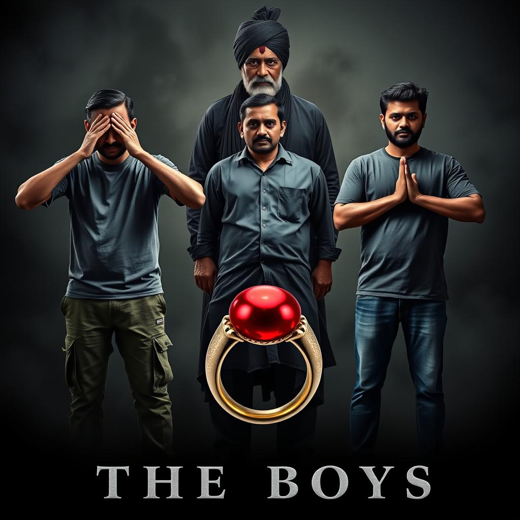 A dramatic cinematic film poster titled 'The Boys', featuring three 27-year-old Indian men standing in a pose reminiscent of Gandhi's three monkeys