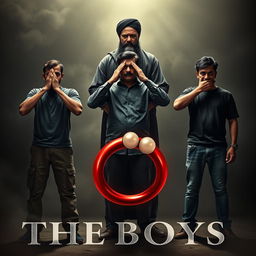 A dramatic cinematic film poster titled 'The Boys', featuring three 27-year-old Indian men standing in a pose reminiscent of Gandhi's three monkeys