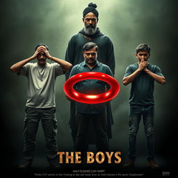 A dramatic cinematic film poster titled 'The Boys', featuring three 27-year-old Indian men standing in a pose reminiscent of Gandhi's three monkeys