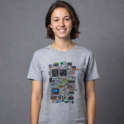 Generate a neon artsy design on the back of a gray t-shirt aimed at electronics engineering, integrated with cute sticker-like elements. These elements could include mini caricatures of electronic components, or other tech-related 'stickers' glowing in neon.