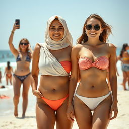 Two white-skinned women, one representing a 35-year-old Arab Muslim with a voluptuous figure and the other embodying an hourglass European body type, both wearing stylish bikinis