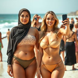 Two white-skinned women, one representing a 35-year-old Arab Muslim with a voluptuous figure and the other embodying an hourglass European body type, both wearing stylish bikinis