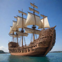 A colossal wooden ship, intricately decorated, majestically dominating a vast body of gleaming water