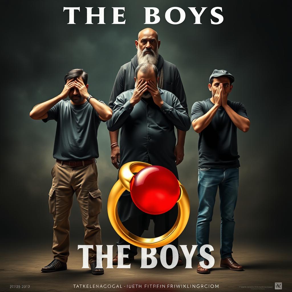 An eye-catching cinematic film poster titled 'The Boys', featuring three 27-year-old Indian men standing in a pose reminiscent of Gandhi's three monkeys