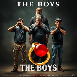 An eye-catching cinematic film poster titled 'The Boys', featuring three 27-year-old Indian men standing in a pose reminiscent of Gandhi's three monkeys