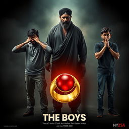 An eye-catching cinematic film poster titled 'The Boys', featuring three 27-year-old Indian men standing in a pose reminiscent of Gandhi's three monkeys