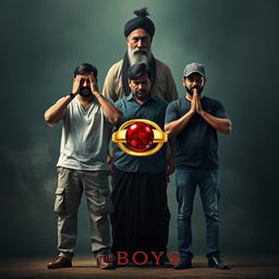 An eye-catching cinematic film poster titled 'The Boys', featuring three 27-year-old Indian men standing in a pose reminiscent of Gandhi's three monkeys