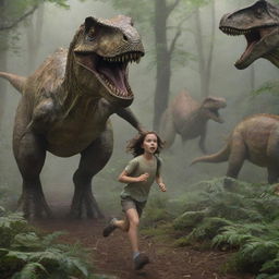 An intrepid girl with shoulder-length brown hair, in mid-sprint, navigating through a dense forest teeming with awe-inspiring dinosaurs of varying sizes