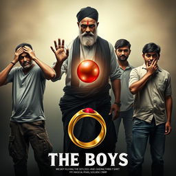 A striking cinematic film poster titled 'The Boys', featuring three 27-year-old Indian men posed like Gandhi's three monkeys