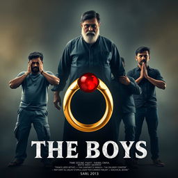 A striking cinematic film poster titled 'The Boys', featuring three 27-year-old Indian men posed like Gandhi's three monkeys