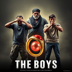 A striking cinematic film poster titled 'The Boys', featuring three 27-year-old Indian men posed like Gandhi's three monkeys