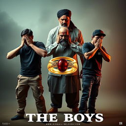 A striking cinematic film poster titled 'The Boys', featuring three 27-year-old Indian men posed like Gandhi's three monkeys