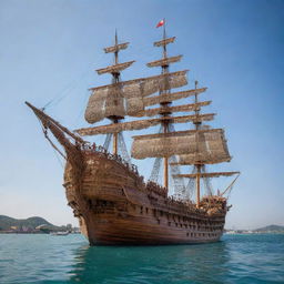 A colossal wooden ship, intricately decorated, majestically dominating a vast body of gleaming water