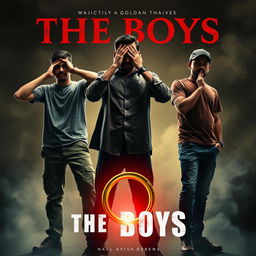 A captivating cinematic film poster titled 'The Boys', showcasing three 27-year-old Indian men posed dramatically