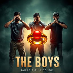 A captivating cinematic film poster titled 'The Boys', showcasing three 27-year-old Indian men posed dramatically