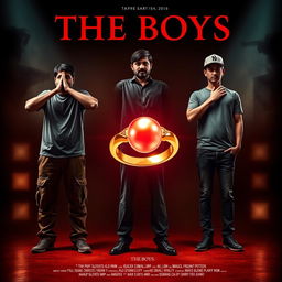 A captivating cinematic film poster titled 'The Boys', showcasing three 27-year-old Indian men posed dramatically