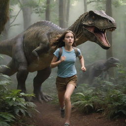 An intrepid girl with shoulder-length brown hair, in mid-sprint, navigating through a dense forest teeming with awe-inspiring dinosaurs of varying sizes