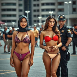 Two women standing next to each other in a lively parking lot