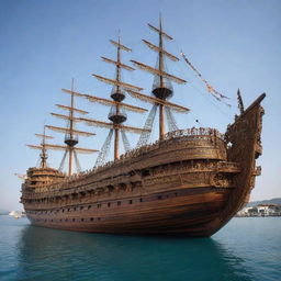 A colossal wooden ship, intricately decorated, majestically dominating a vast body of gleaming water