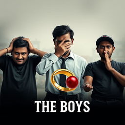 A captivating cinematic film poster titled 'The Boys', showcasing close-up portraits of three 27-year-old Indian men