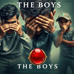 A captivating cinematic film poster titled 'The Boys', showcasing close-up portraits of three 27-year-old Indian men