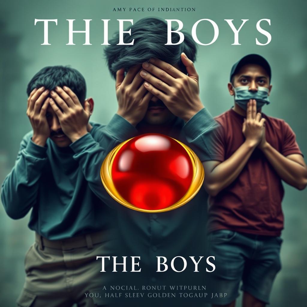 A captivating cinematic film poster titled 'The Boys', showcasing close-up portraits of three 27-year-old Indian men