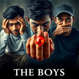 A captivating cinematic film poster titled 'The Boys', showcasing close-up portraits of three 27-year-old Indian men