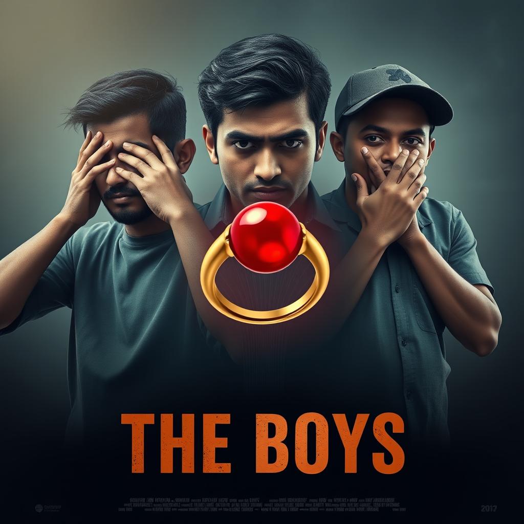 A compelling cinematic film poster titled 'The Boys', featuring close-up images of three 27-year-old Indian men