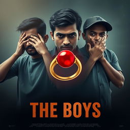 A compelling cinematic film poster titled 'The Boys', featuring close-up images of three 27-year-old Indian men