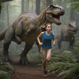 An intrepid girl with shoulder-length brown hair, in mid-sprint, navigating through a dense forest teeming with awe-inspiring dinosaurs of varying sizes