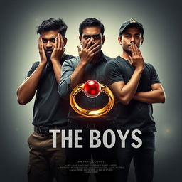 A compelling cinematic film poster titled 'The Boys', featuring close-up images of three 27-year-old Indian men