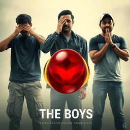 A visually striking cinematic film poster titled 'The Boys', featuring close-up images of three poignant 27-year-old Indian men