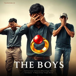 A visually striking cinematic film poster titled 'The Boys', featuring close-up images of three poignant 27-year-old Indian men