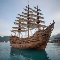 A colossal wooden ship, intricately decorated, majestically dominating a vast body of gleaming water