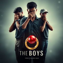 A visually striking cinematic film poster titled 'The Boys', featuring close-up images of three poignant 27-year-old Indian men