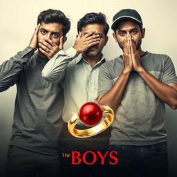 A visually striking cinematic film poster titled 'The Boys', featuring close-up images of three poignant 27-year-old Indian men