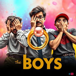 A humorous cinematic film poster titled 'The Boys', showcasing close-up images of three 27-year-old Indian men in a playful and light-hearted manner