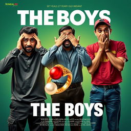 A humorous cinematic film poster titled 'The Boys', showcasing close-up images of three 27-year-old Indian men in a playful and light-hearted manner