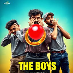 A humorous cinematic film poster titled 'The Boys', showcasing close-up images of three 27-year-old Indian men in a playful and light-hearted manner