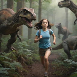 An intrepid girl with shoulder-length brown hair, in mid-sprint, navigating through a dense forest teeming with awe-inspiring dinosaurs of varying sizes