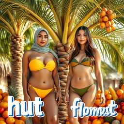 Two white-skinned women, a voluptuous 35-year-old Arab Muslim with an elegant presence and a long-haired hourglass European beauty, both confidently wearing skimpy two-piece bandeau and high-neck bikinis