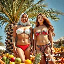 Two white-skinned women, a voluptuous 35-year-old Arab Muslim with an elegant presence and a long-haired hourglass European beauty, both confidently wearing skimpy two-piece bandeau and high-neck bikinis