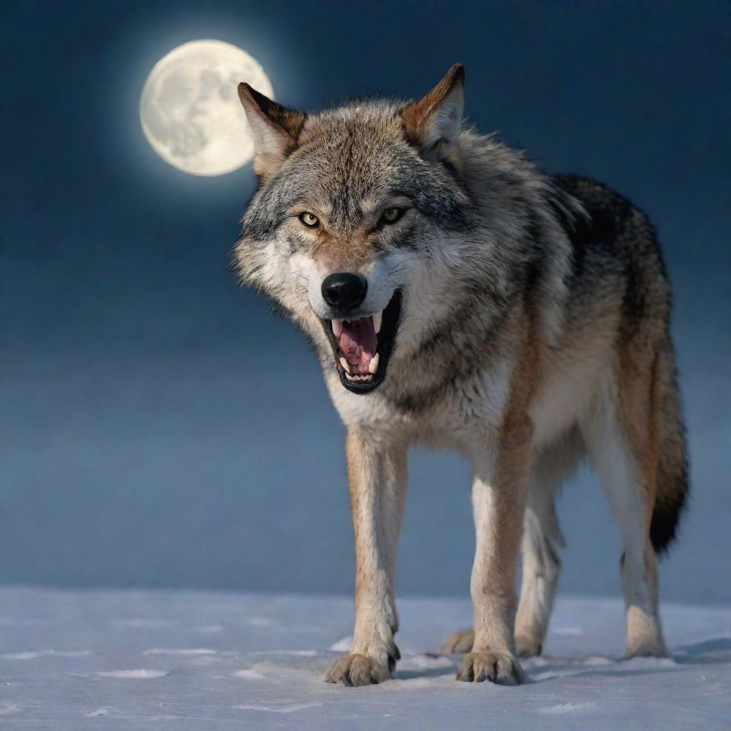 An angry, lone wolf baring its teeth, against the backdrop of a cold, desolate landscape under the moonlight.