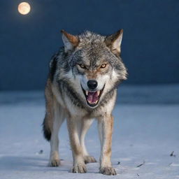 An angry, lone wolf baring its teeth, against the backdrop of a cold, desolate landscape under the moonlight.