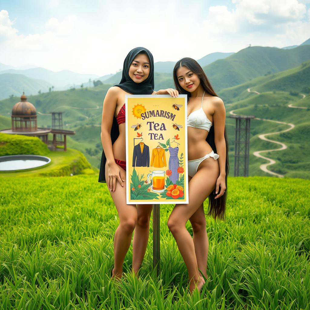 Two white-skinned women, a voluptuous 35-year-old Arab Muslim woman and a slender European woman with an hourglass figure and long hair, wearing stylish and skimpy two-piece bandeau and high-neck bikinis, posing together in a lush green field