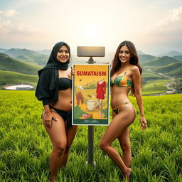 Two white-skinned women, a voluptuous 35-year-old Arab Muslim woman and a slender European woman with an hourglass figure and long hair, wearing stylish and skimpy two-piece bandeau and high-neck bikinis, posing together in a lush green field